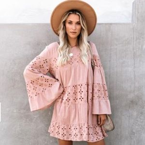 DANCING LEAVES COTTON POCKETED EYELET DRESS